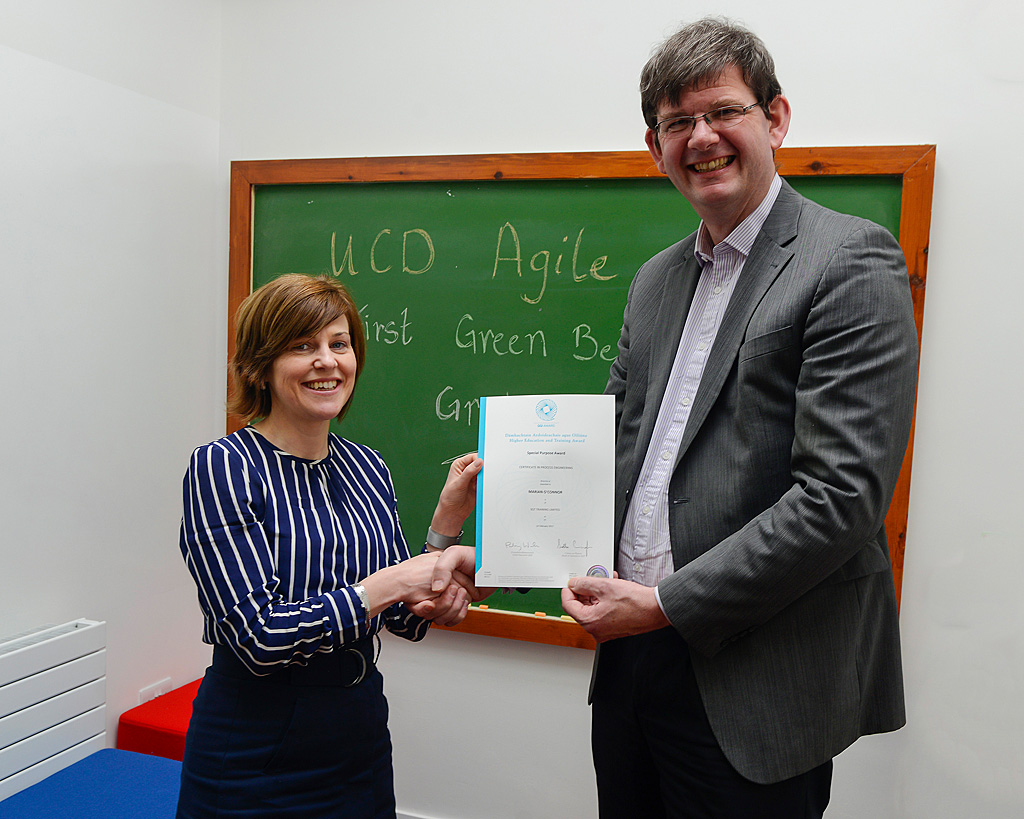 UCD Agile presentation of Green Belt QQI certificate from SQT by UCD Registrar Professor Mark Rogers to Marian O'Connor