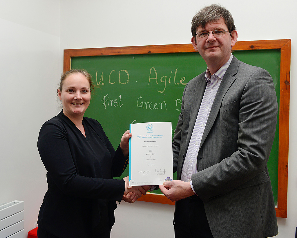 UCD Agile presentation of Green Belt QQI certificate from SQT by UCD Registrar Professor Mark Rogers to Olga Murdoch