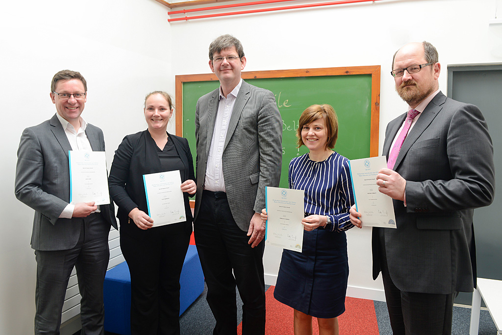 UCD Agile presentation of Green Belt QQI certificate from SQT by UCD Registrar Professor Mark Rogers