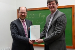 UCD Agile presentation of Green Belt QQI certificate from SQT by UCD Registrar Professor Mark Rogers to Michael Sinnot