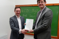 UCD Agile presentation of Green Belt QQI certificate from SQT by UCD Registrar Professor Mark Rogers to Liam Cleere